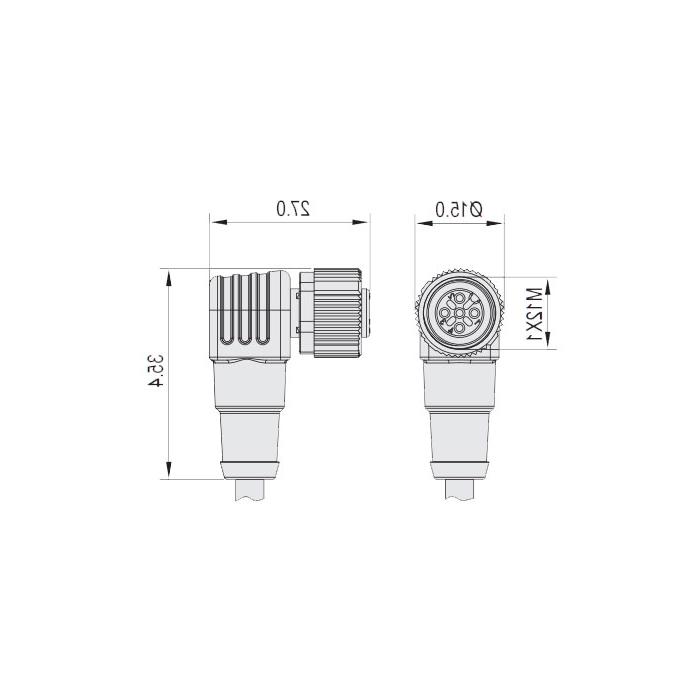 M12 3Pin、母头90°、单端预铸电缆、防焊渣PUR材质、黄色护套、64T001-XXX